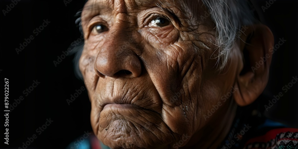 Native American elder with deepset eyes reflecting a lifetime of struggles. Concept Portraiture, Native American culture, Elderly wisdom, Emotional expressions Native American elder with deepset eyes reflecting a lifetime of struggles. Concept Portraiture, Native American culture, Elderly wisdom, Emotional expressions