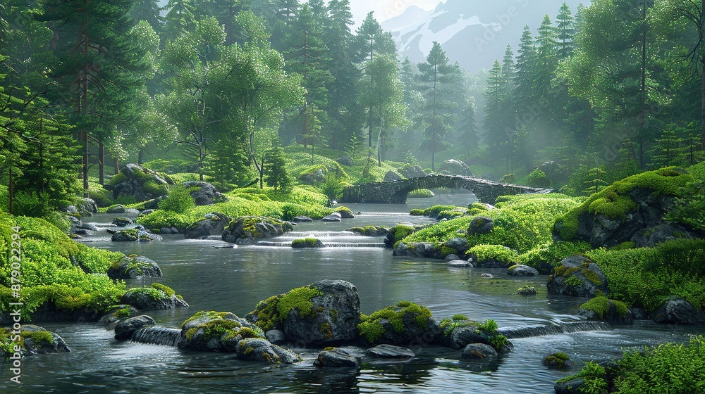 Stream flowing in green forest surrounded by rocks and vegetation under a stone archway Stream flowing in green forest surrounded by rocks and vegetation under a stone archway