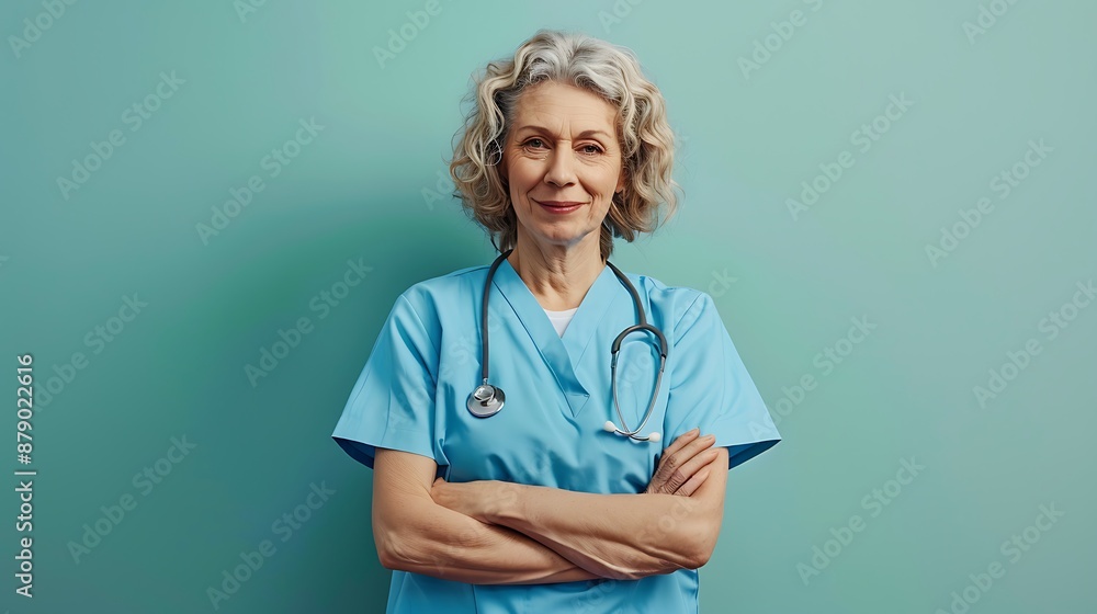 Confident Senior Female Nurse in Blue Scrubs on Pastel Green Background