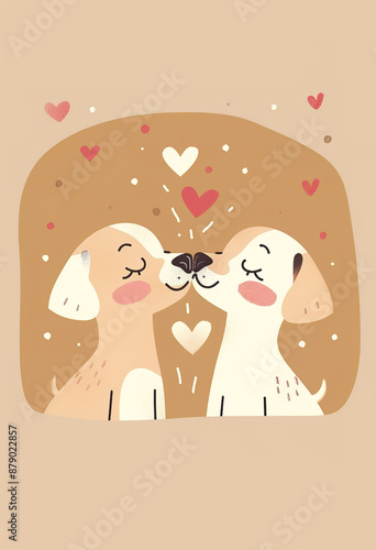 Delicate Flat Style Illustration Featuring Two Happy Dogs Kissing, Accented with Pastel Pink and Beige