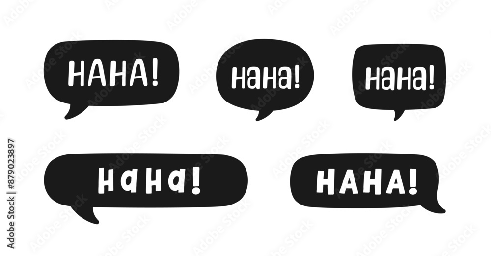 Haha laughing speech bubble sound effect different silhouette shapes collection. Cute black text lettering svg set vector illustration. Haha laughing speech bubble sound effect different silhouette shapes collection. Cute black text lettering svg set vector illustration.