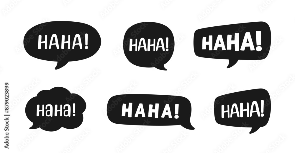 Haha laughing speech bubble sound effect different silhouette shapes collection. Cute black text lettering svg set vector illustration. Haha laughing speech bubble sound effect different silhouette shapes collection. Cute black text lettering svg set vector illustration.