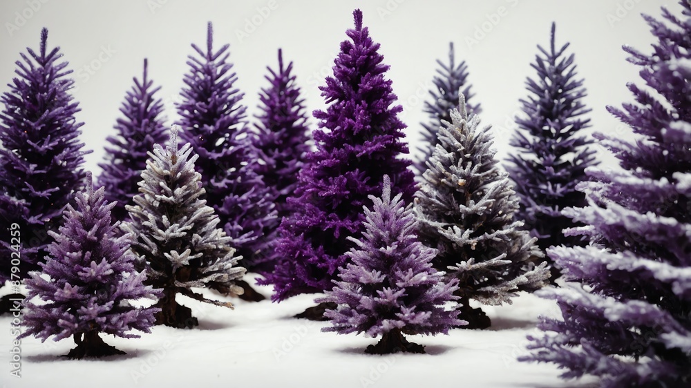 Fototapeta premium Purple Christmas trees on plain white background 