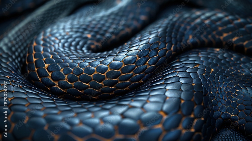 A macro image capturing a snake's intricate, blue-and-orange scales A macro image capturing a snake's intricate, blue-and-orange scales