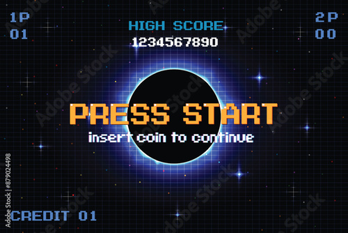 PRESS START INSERT A COIN TO CONTINUE .pixel art .8 bit game. retro game. for game assets .Retro Futurism Sci-Fi Background. glowing neon grid. and stars from vintage arcade computer games