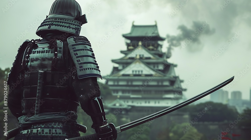 Fototapeta premium Noble Samurai Warrior Holding Sword with Osaka Castle in Background