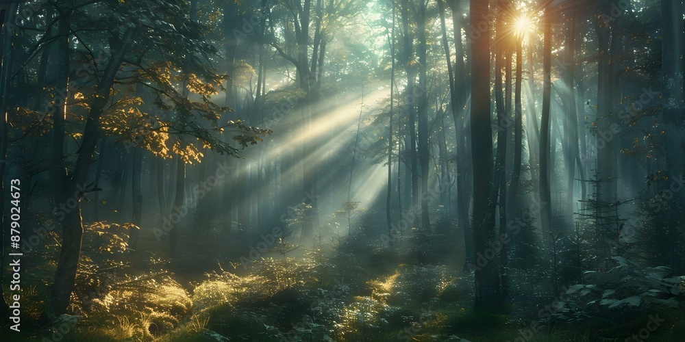 Fototapeta premium Enchanting forest with sunlight filtering through misty trees creates mystical ambiance. Concept Forest Photography, Sunlight Effects, Mystical Atmosphere