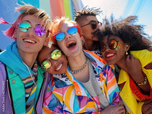 group of young LGBTQ teen mix gender ethnicity lively active together fun laugh smiling joyful cheerful, colorful people rainbow theme, fashionable hair style with sunglasses.