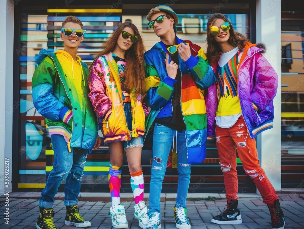 Obraz premium group of young LGBTQ teen mix gender ethnicity lively active together fun laugh smiling joyful cheerful, colorful people rainbow theme, fashionable hair style with sunglasses.
