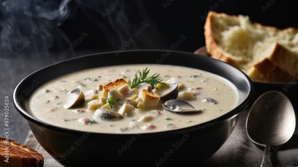 Dark Ambiance Seafood Soup with Croutons and Bread, Garnished with Herbs Dark Ambiance Seafood Soup with Croutons and Bread, Garnished with Herbs