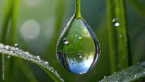 Nature's Jewel Realistic Dew Drop Reflecting Vibrant Surroundings