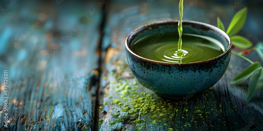 Blue matcha tea pouring into cup on wooden background for banner. Concept Food & Drink, Blue Matcha Tea, Pouring, Wooden Background, Banner Blue matcha tea pouring into cup on wooden background for banner. Concept Food & Drink, Blue Matcha Tea, Pouring, Wooden Background, Banner