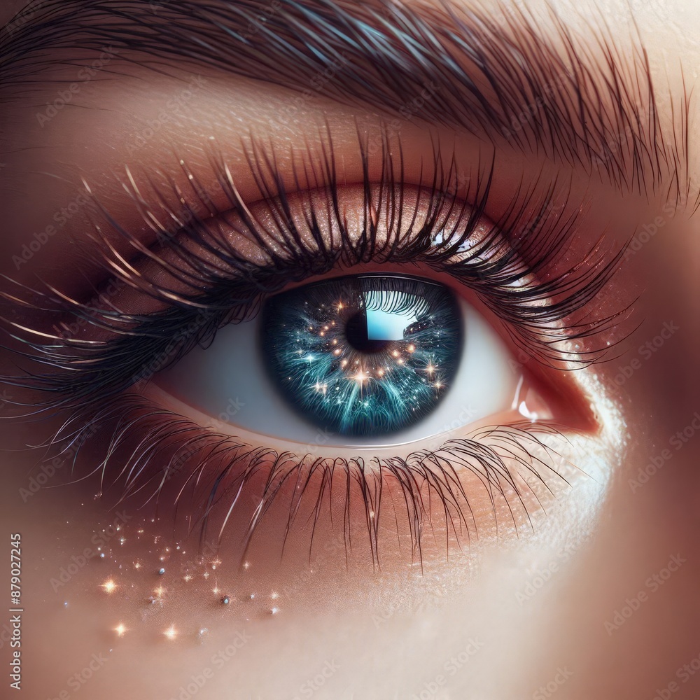 a woman with blue eyes and a blue eye with the reflection of her eyes. a woman with blue eyes and a blue eye with the reflection of her eyes.