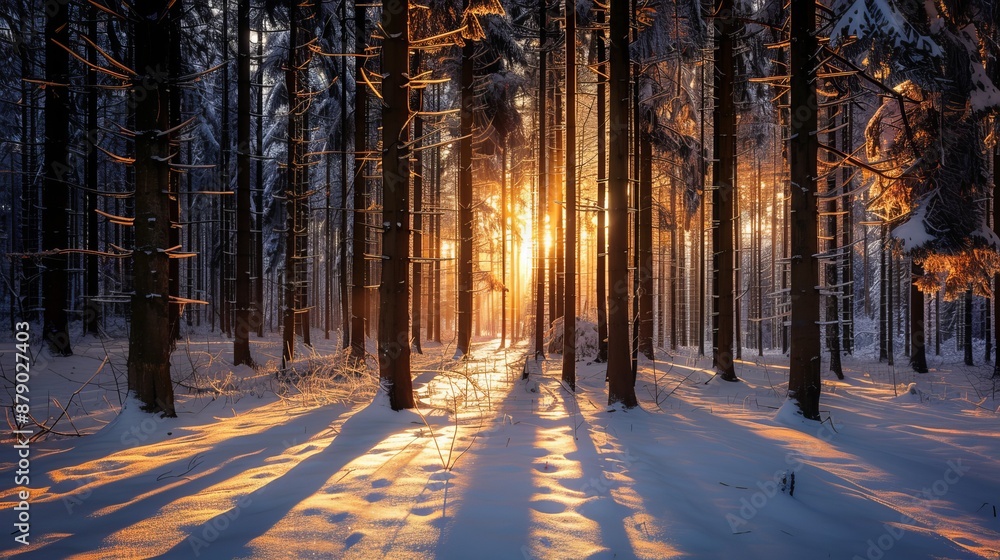 The winter sun illuminates the trees on a forest glade, casting a warm and soft light that enhances the tranquility and natural beauty of the scene. The winter sun illuminates the trees on a forest glade, casting a warm and soft light that enhances the tranquility and natural beauty of the scene.