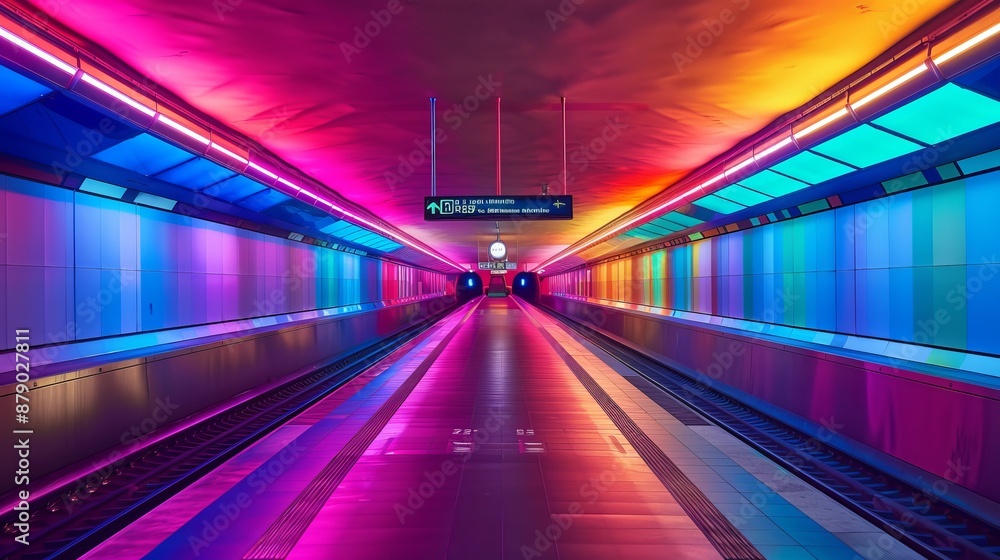 Fototapeta premium An underground station bathed in colorful light creates a vibrant and dynamic atmosphere, transforming the space into a visually striking and modern transit hub.