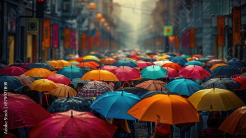 colorful umbrella open in the crowded street on the street