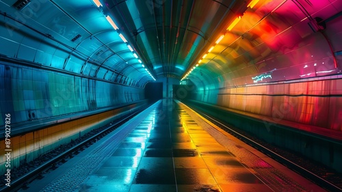An underground station bathed in colorful light creates a vibrant and dynamic atmosphere, transforming the space into a visually striking and modern transit hub. © Yusif