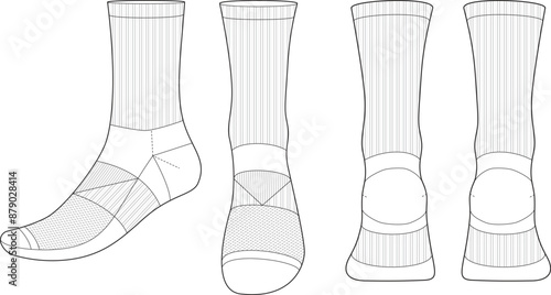 Sock tech pack template flat sketch fashion illustration mock up cad drawing for unisex men's and women's football sock design. Mid calf length socks drawing.	