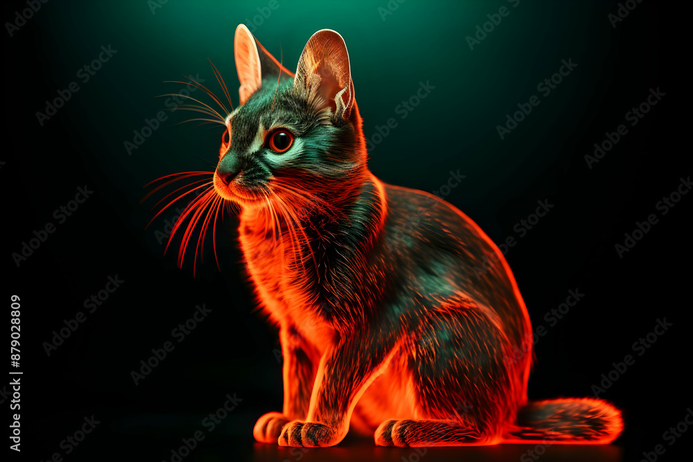 Obraz premium Cat in Neon Red Light - Illustration