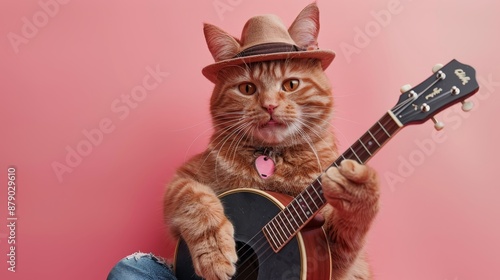 An adorable orange kitten sits upright, strumming a miniature banjo against a pink background, creating a playful and charming scene. photo