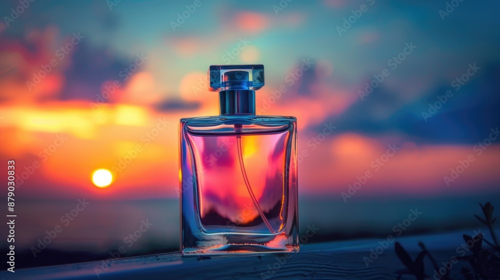 Luxurious perfumes in glass bottle against twilight sunset Luxurious perfumes in glass bottle against twilight sunset