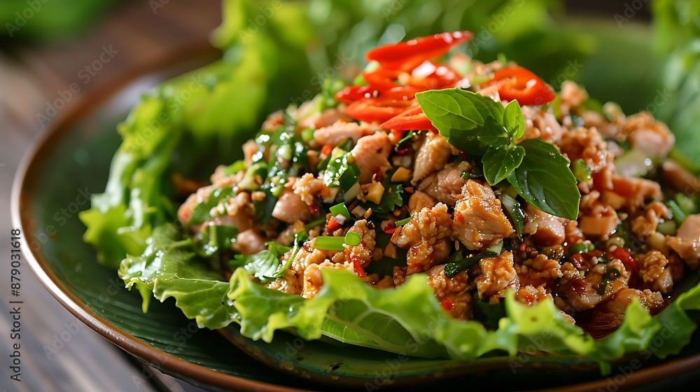 Close-up of Delicious Thai Larb Salad with Spicy Minced Chicken and Fresh Herbs Close-up of Delicious Thai Larb Salad with Spicy Minced Chicken and Fresh Herbs
