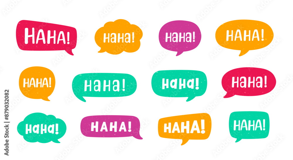 Haha laughing speech bubble sound effect different shapes collection. Cute speech balloon text lettering set vector illustration. Haha laughing speech bubble sound effect different shapes collection. Cute speech balloon text lettering set vector illustration.