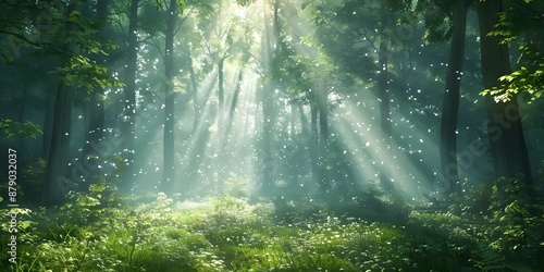 Creating a Mystical Ambiance Sunlight Filtering Through Misty Trees in an Enchanting Forest. Concept Mystical Forest, Sunlight Magic, Enchanting Trees, Misty Ambiance, Nature's Beauty