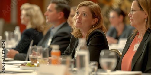 Focused Businesswoman in Conference Discussion - Corporate Seminar Insights | Engaged Audience at Business Conference - Professional Training Event