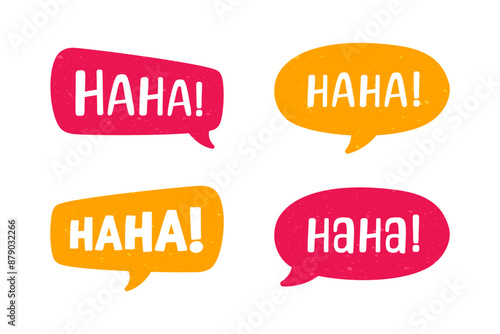 Haha laughing speech bubble sound effect different shapes collection. Cute speech balloon text lettering set vector illustration.