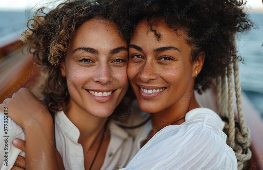 Saltwater Embrace: Two Women in Their Prime, With Contrasting Hair, Hug on a Weathered Sail Ship, Grinning in Pure Linen Under a Gentle Glow Saltwater Embrace: Two Women in Their Prime, With Contrasting Hair, Hug on a Weathered Sail Ship, Grinning in Pure Linen Under a Gentle Glow