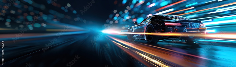 Dynamic car with motion blur driving through city lights, symbolizing speed, modern transportation, and futuristic technology. Dynamic car with motion blur driving through city lights, symbolizing speed, modern transportation, and futuristic technology.