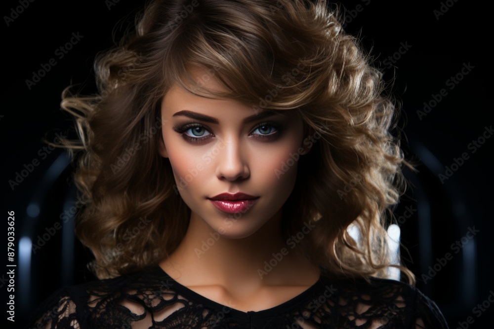 Attractive woman applying perfume close up, gazing at the camera on dark backdrop