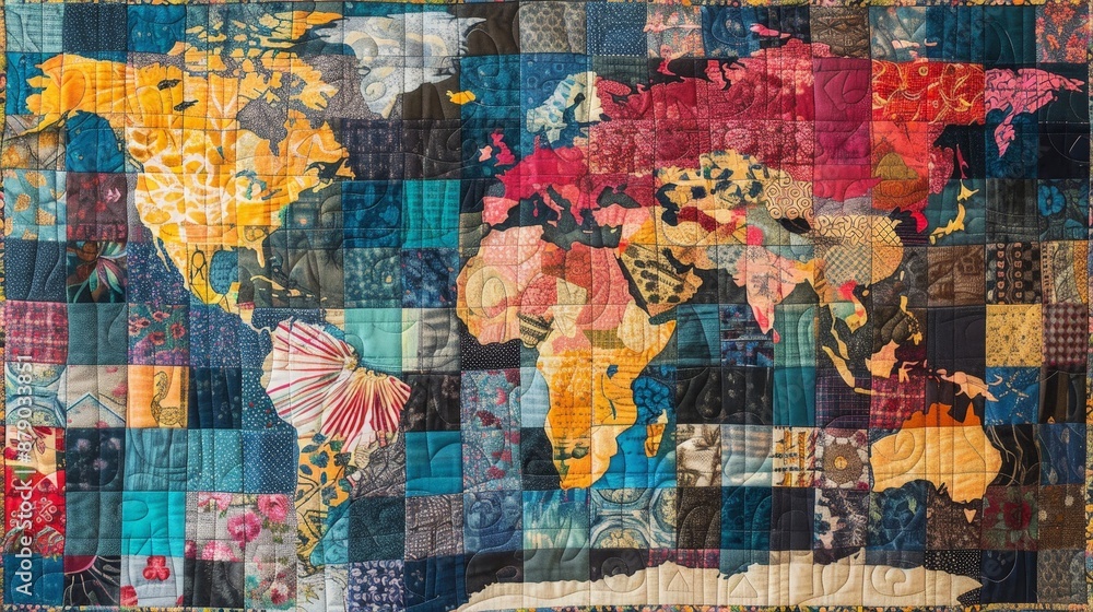 Naklejka premium A world map quilt, with each patch representing a different country and its unique cultural patterns
