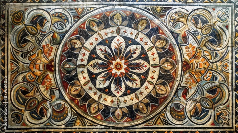A mosaic floor with a large circle in the middle A mosaic floor with a large circle in the middle