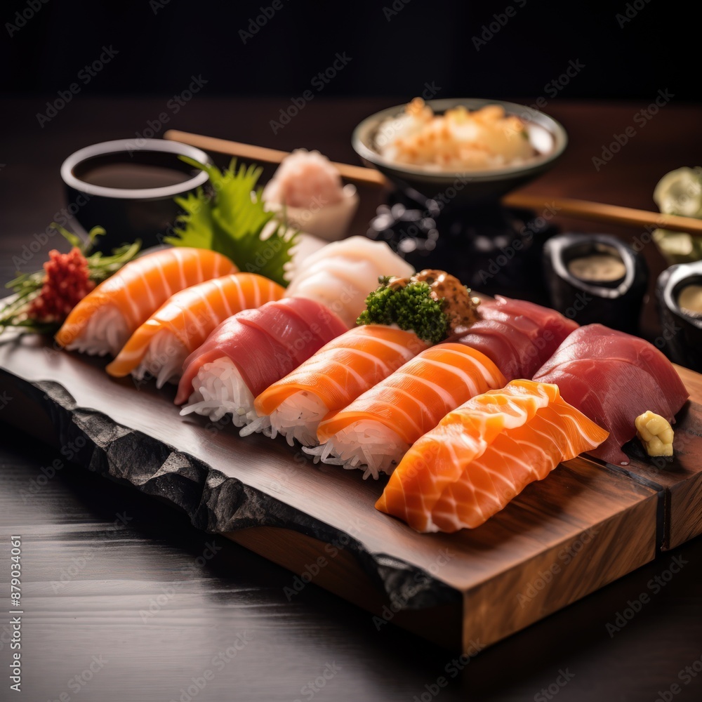 A plate of sushi with a cup of tea on the table A plate of sushi with a cup of tea on the table