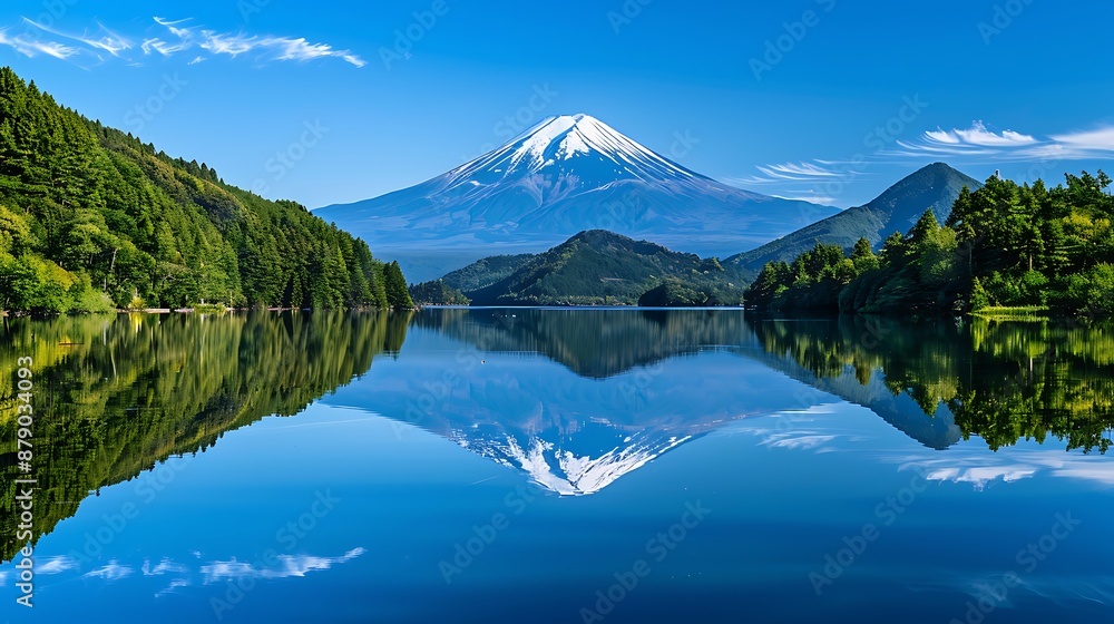 Naklejka premium Tranquil Reflection of Mount Fuji in the Clear Waters of Lake Kawaguchi