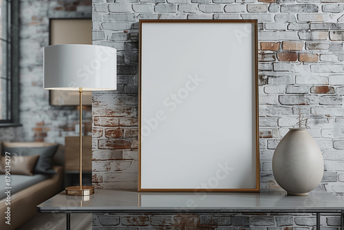 Obraz na płótnie Empty, minimalistic frame. Mockup of a vertical frame for a photo or painting in a modern and stylish room with decorative brick and wood. w salonie