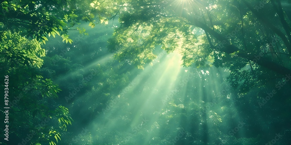 Obraz premium Penetrating the Green Mist Mystical Sun Rays in the Serene Emerald Rainforest Canopy. Concept Nature Photography, Mystical Forest, Sun Rays, Green Mist, Rainforest Canopy