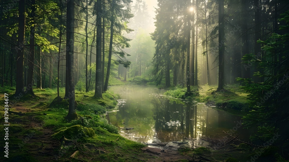 Obraz premium Serene and Tranquil Forest Landscape with Pond and Filtered Sunlight