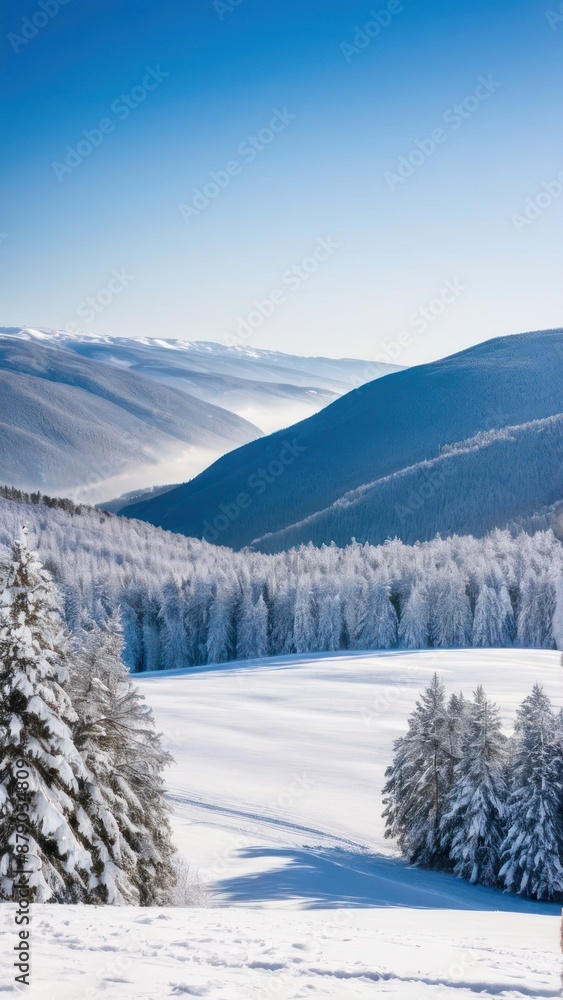 Tranquil Winter Splendor, Snowcapped Mountains and Clear Skies at a Secluded Ski Resort Tranquil Winter Splendor, Snowcapped Mountains and Clear Skies at a Secluded Ski Resort