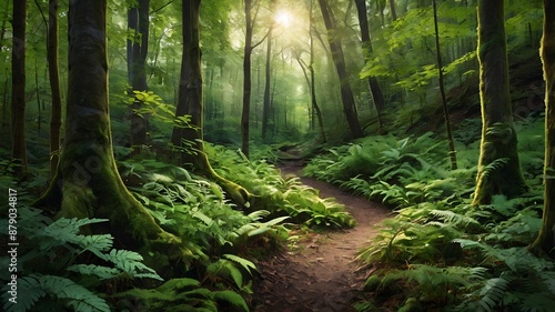 Serene Nature Forest Path with Lush Greenery and Dappled Sunlight