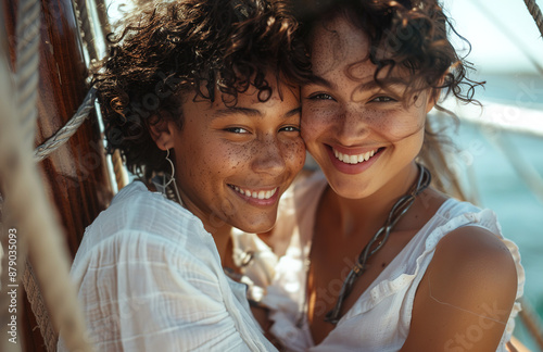 The Sails of Friendship: Two Women with Different Hair Styles Hug on a Vintage Ship, Exuding Happiness in Linen Attire