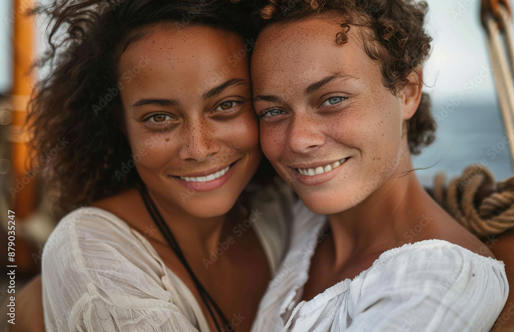 Shipboard Affection: Two Women's Heartwarming Hug on a Classic Sailing Vessel, Dressed in Crisp White Linen, bathed in Soft Light Shipboard Affection: Two Women's Heartwarming Hug on a Classic Sailing Vessel, Dressed in Crisp White Linen, bathed in Soft Light