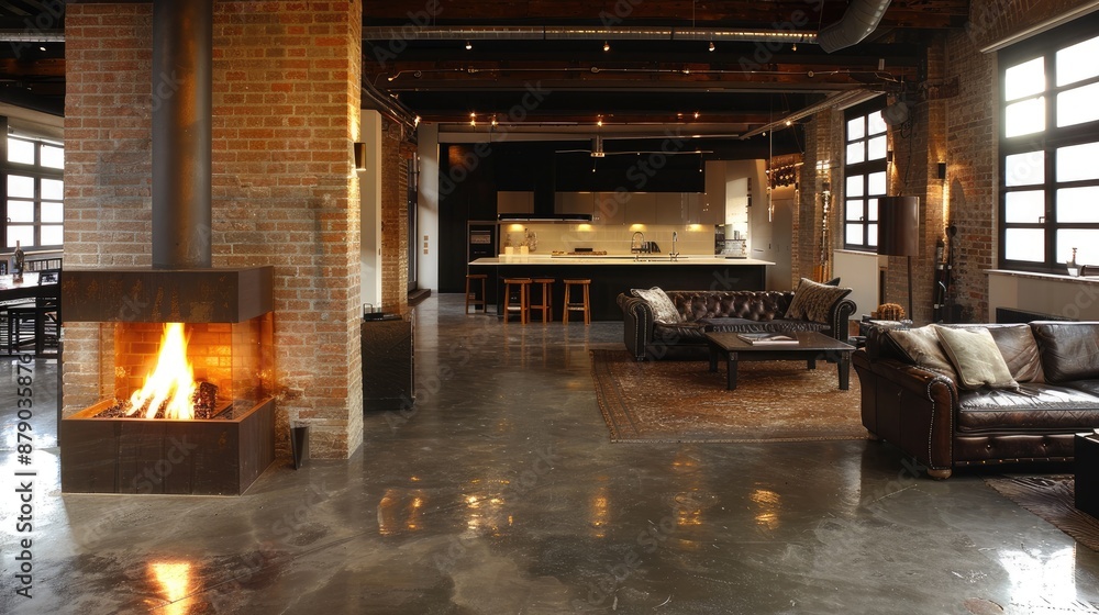 Dimly Lit Loft with Roaring Fireplace and Leather Sofa Dimly Lit Loft with Roaring Fireplace and Leather Sofa