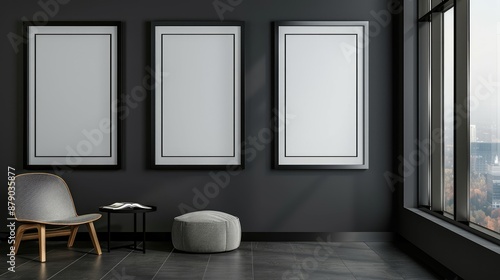 Three Black Frames on Dark Gray Wall, Modern Display.