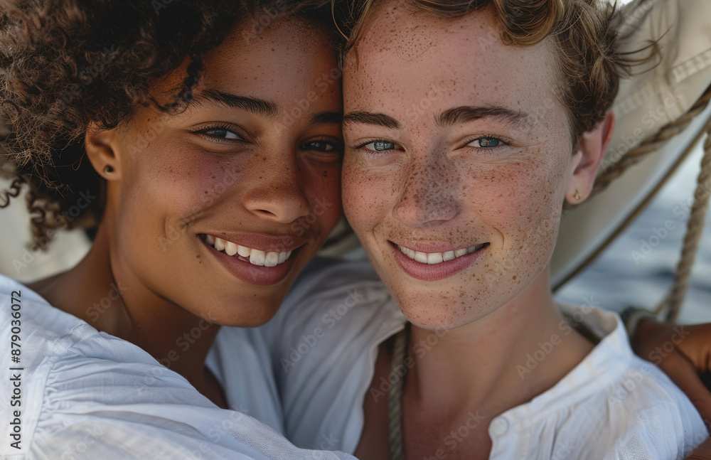 Shipboard Affection: Two Women's Heartwarming Hug on a Classic Sailing Vessel, Dressed in Crisp White Linen, bathed in Soft Light Shipboard Affection: Two Women's Heartwarming Hug on a Classic Sailing Vessel, Dressed in Crisp White Linen, bathed in Soft Light