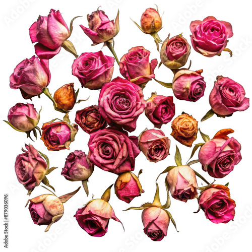 Pink dried roses top view with copy space isolated on transparent background