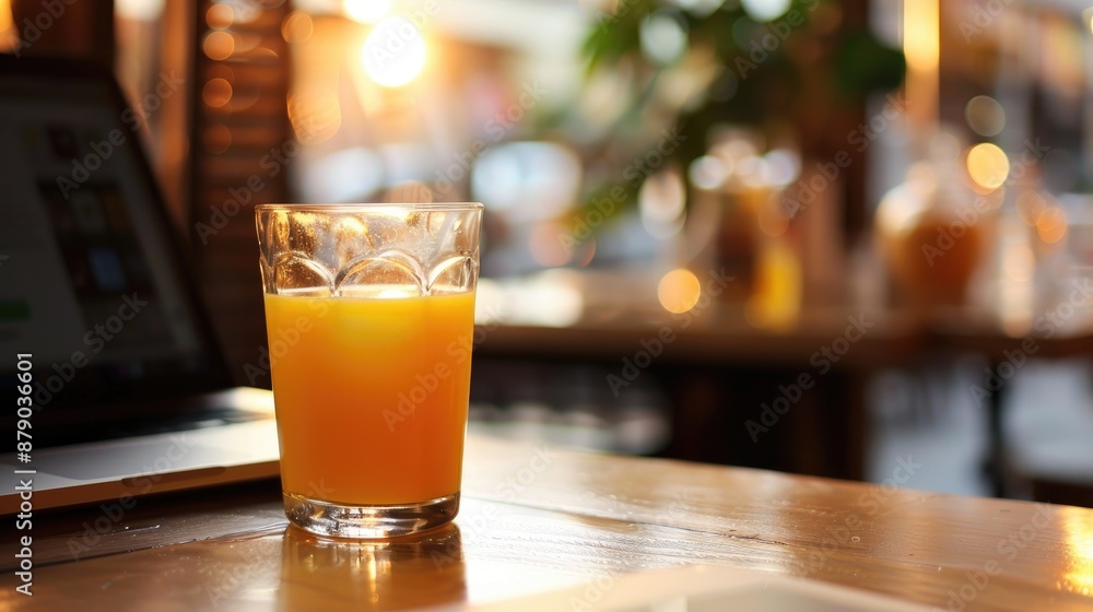 Glass of orange juice beside the laptop on the table Glass of orange juice beside the laptop on the table