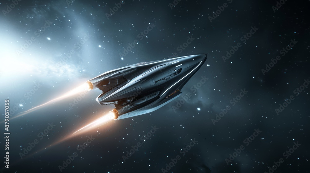 Advanced vessel model in orbital flight, showcasing detailed engineering and futuristic design, traveling through a galaxy filled with stars Advanced vessel model in orbital flight, showcasing detailed engineering and futuristic design, traveling through a galaxy filled with stars